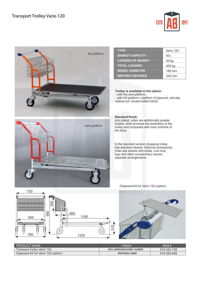 Vario 120 Chariot de transport – Chariot à panier fixe avec plateforme en contreplaqué