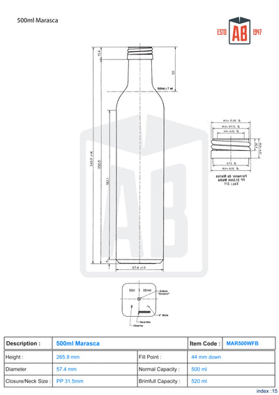 Bouteille d'huile d'olive Marasca en verre flint blanc de 500 ml (col vissé)