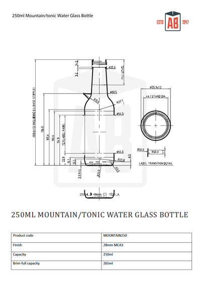 Bouteille en verre d'eau de montagne/tonique 250 ml