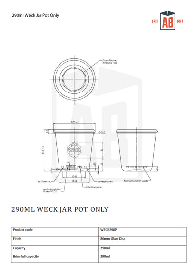 290ml Glass Weck Jar (Pot Only)