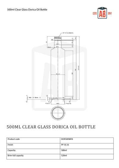 Bouteille d'huile en verre clair Dorica 500ml (goulot à vis)
