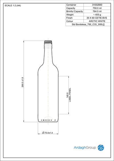 Bouteille de vin en verre flint Bordelesa Oneway de 750 ml - Ardagh