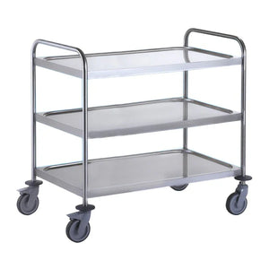 3 Tier Stainless Steel Rectangular Trolley – 304 Grade with Dished Shelves & Braked Castors