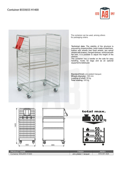 Conteneur robuste 855x655 H1400 – Chariot roulant industriel pour un stockage sécurisé