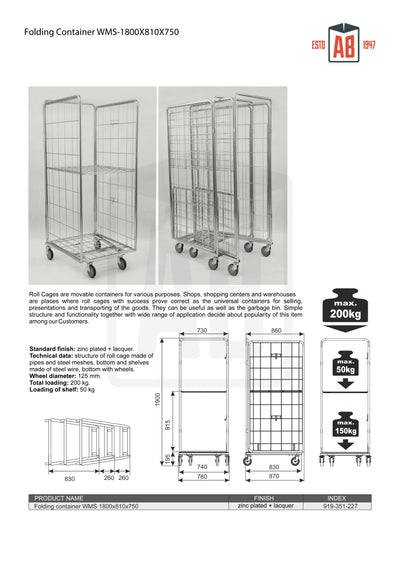 Conteneur pliant WMS 1800x810x750 – Chariot roulant pliable pour un stockage gain de place