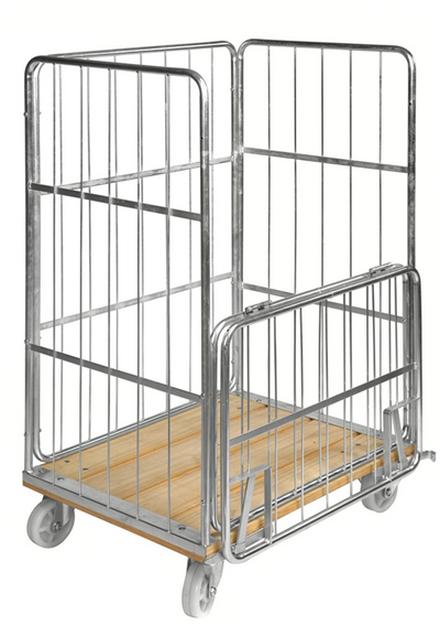 Roll Container with Wooden Base – Half-Drop Gate Roll Cage | 500kg Load Capacity