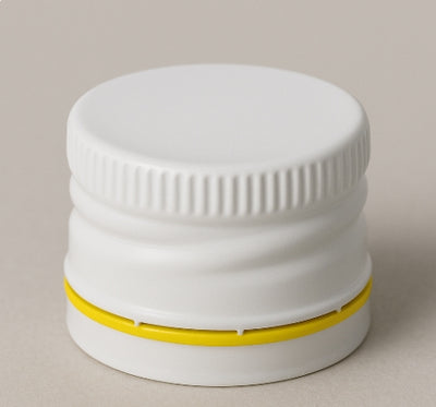 Capuchon blanc T/E de 28 mm avec bande jaune – Doublé en polycone, sceau anti-effraction