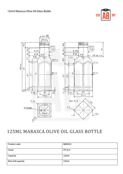 Bouteille en verre d'huile d'olive Marasca 125ml (goulot à vis)