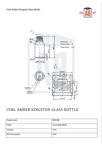 Bouteille en verre ambré Kingston de 15 ml