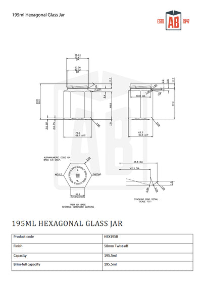 Bocal en verre hexagonal de 195 ml