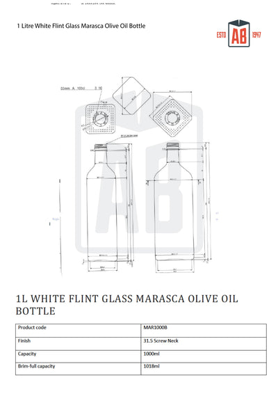 Bouteille d'huile d'olive en verre Marasca blanche en flint de 1 litre (goulot à vis)