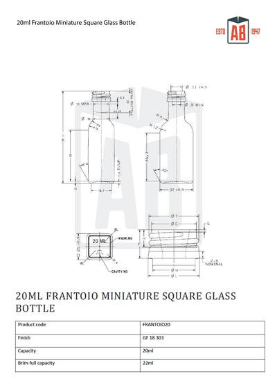 Bouteille carrée miniature Frantoio de 20 ml