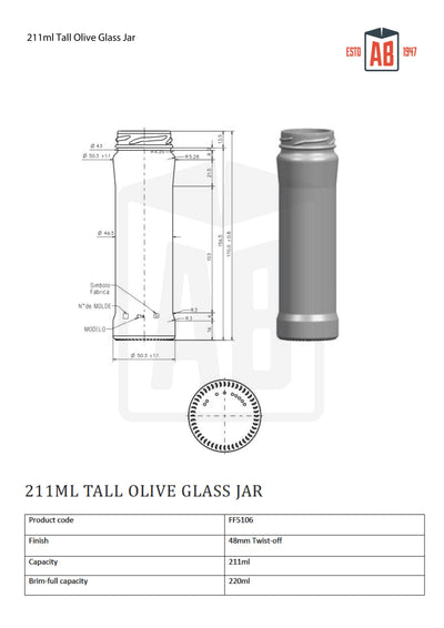 Bocal à olives en verre haut de 211 ml