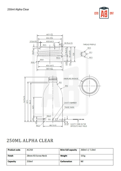 Bouteille en verre clair Alpha de 250 ml