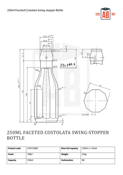 Bouteille Costolata Facettée de 250 ml avec Bouchon à Bascule
