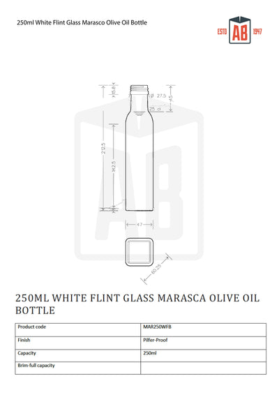 Bouteille d'huile d'olive Marasca en verre flint blanc de 250 ml (col vissé)
