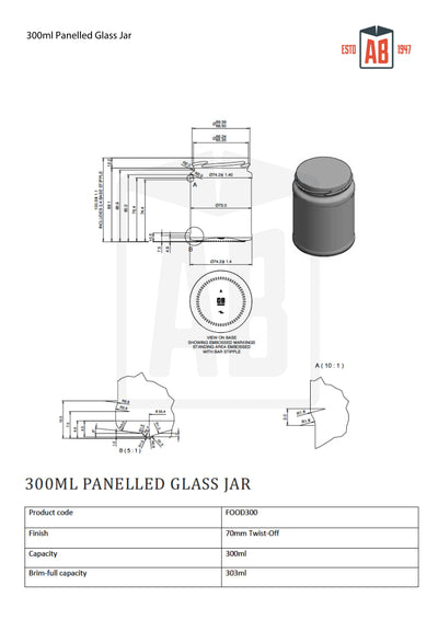 Bocal en verre panelé de 300 ml