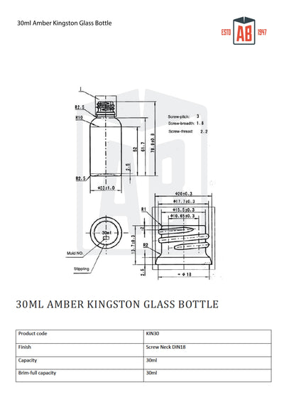 Bouteille en verre ambré Kingston de 30 ml