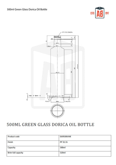 Bouteille d'huile en verre vert Dorica 500ml (goulot à vis)