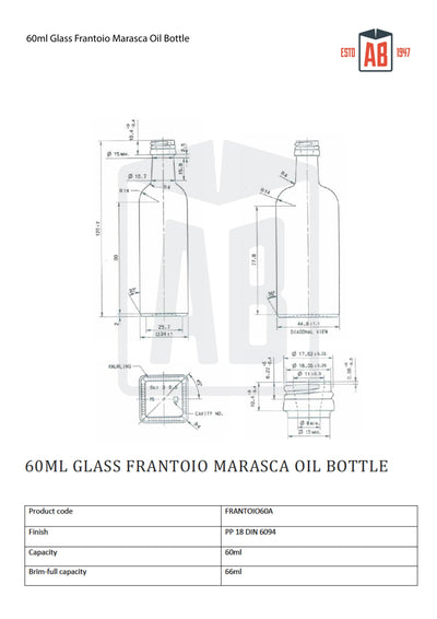 Bouteille en verre Frantoio Marasca d'huile de 60 ml (col vissé)
