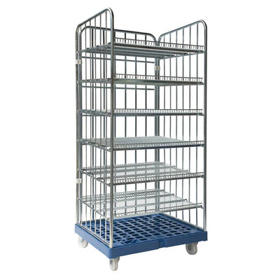 Conteneur à roulettes 3 côtés – 810x720x1808mm, 6 étagères, galvanisé à chaud, base en plastique