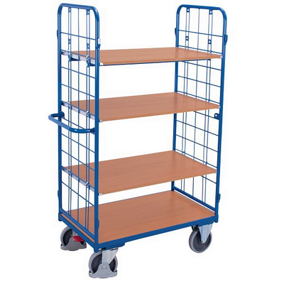 Chariot à étagères – 1185x720x1820mm – 4 étagères en MDF avec finition hêtre, capacité de 500kg, bleu RAL 5010