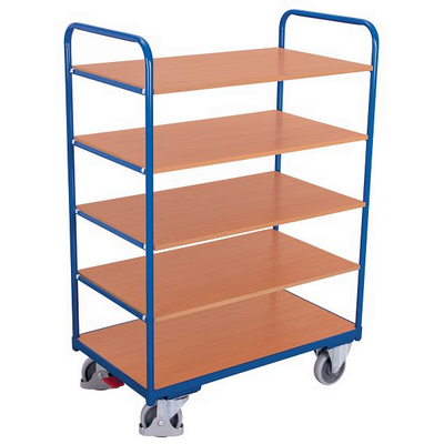 Chariot à étagères haut – 1060x600x1530mm – 5 étagères en MDF avec finition hêtre, capacité de 250kg, bleu RAL 5010