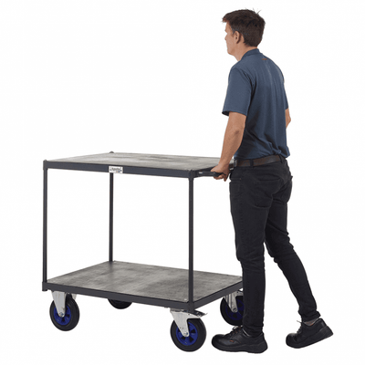 Heavy Duty 2 Shelf Tray Trolley, Steel & Timber Shelves, 600kg Load Capacity